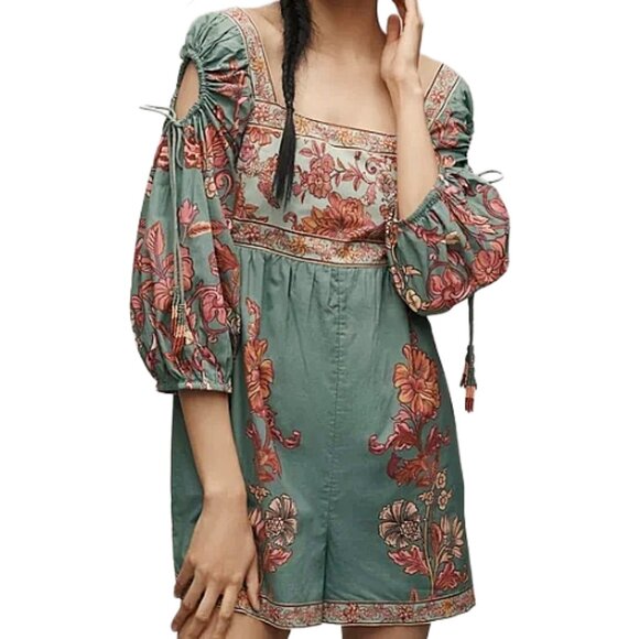 NWT Farm Rio Anthropologie Puff-Sleeve Square-Neck Romper Green S Floral Boho - Picture 5 of 15